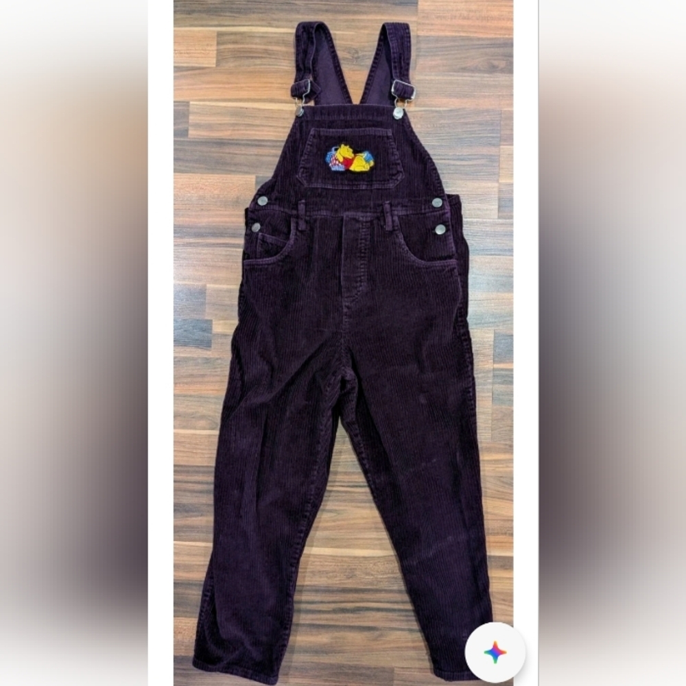 Vintage Embroidered Pooh Burgundy Corduroy Bib Overalls Size 12 Picnic Basket